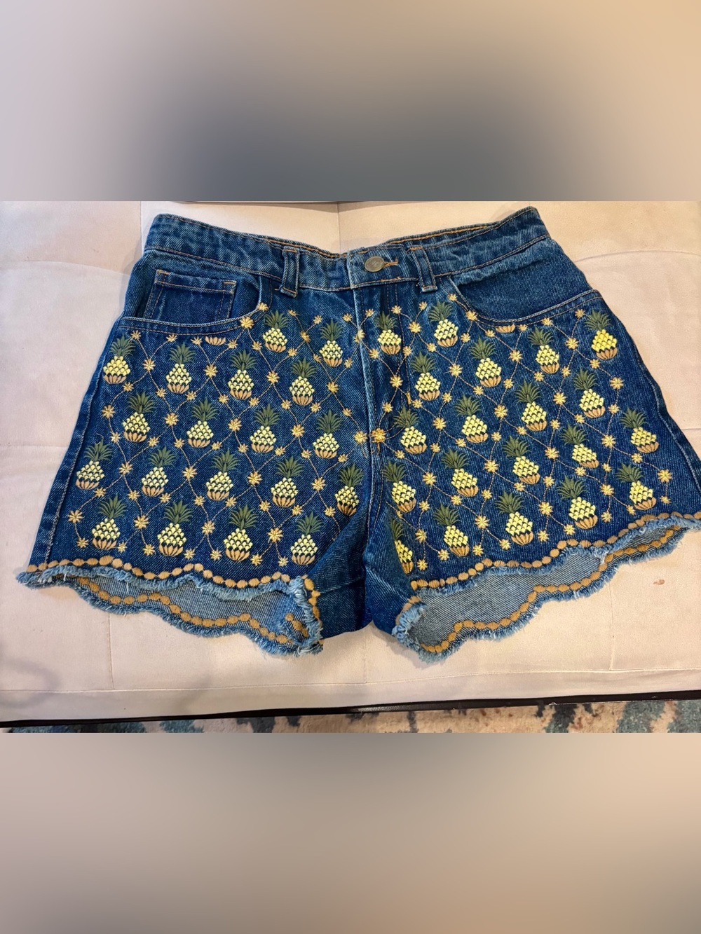 Farm Rio Denim Pineapple Embroidered Women's Shorts - Blue, XS